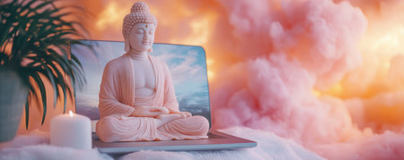 Escape digital chaos with this mindful imagery A calm Buddha, nestled among serene clouds with a laptop nearby, symbolizes a modern digital detox A lit candle adds warmth, urging you to unplug, cultivate awareness, and find inner peace for a balanced life Discover serenity and stress management AI Generativeの素材