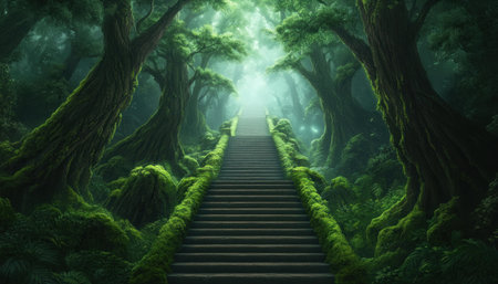 A majestic bridge leads to an enchanted, glowing forest, symbolizing a path to positivity and renewed hope Ancient trees frame the way, illuminating a journey toward a brighter future Nature's embrace offers serenity, strength, and inspiration for meditation and personal growth This scene is for those seeking tranquility AI Generativeの素材