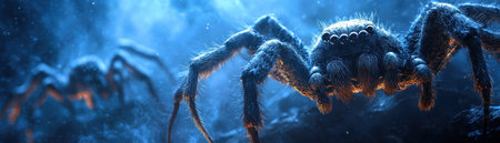 Invite guests to a spooky celebration with these unique Halloween invitations! Playful, hairy spiders crawl across a shadowy, blue-toned backdrop, creating an eerie yet captivating scene Perfect for themed parties, these invites blend creepy crawlies with cool hues for a memorable first impression Get your spooky season started right! AI Generativeの素材