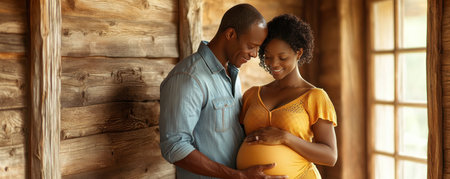 A heartwarming family moment captures the love surrounding a pregnant belly The woman, in a yellow dress, and her partner, in a light blue shirt, lovingly hold the bump, anticipating their new arrival This tender scene showcases their bond and the joy of welcoming a new life, filled with warmth AI Generativeの素材