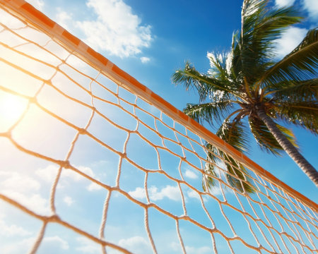 Feel the summer vibe with this vibrant beach volleyball scene! A net strung between palm trees under a sunny sky evokes relaxation and play The crisp imagery, perfect for advertising or travel projects, promises fun and enjoyment Imagine the gentle waves; this is your tropical paradise! AI Generativeの素材