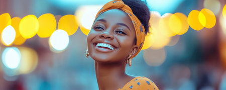 A vibrant model in a bold yellow dress and headscarf dances joyfully through city streets Her laughter and movement, captured against a bokeh backdrop of city lights, radiate pure joy This dynamic image is perfect for fashion, lifestyle, or celebration themes, offering a burst of sunshine and energy AI Generativeの素材