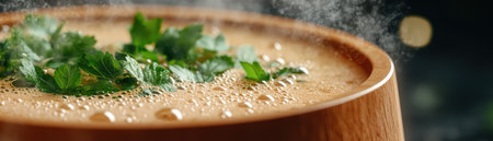 A close-up reveals a delicate Japanese broth, infused with fragrant herbs and spices This visual journey captures the essence of traditional Japanese cuisine, where each drop is a flavorful testament to culinary artistry It's a feast for the eyes, promising a taste that's both subtle and profound AI Generativeの素材