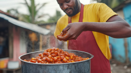 A captivating close-up reveals a street food vendor spicing a simmering broth The image showcases vibrant colors and textures, capturing the essence of street food preparation Witness the skillful addition of spices, creating an appetizing and authentic dish Experience the rich flavor and tradition of street food culture in this AI Generativeの素材