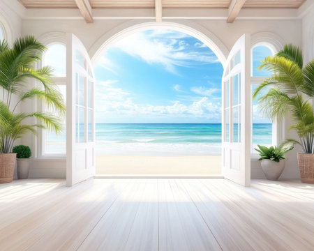 Escape to a serene coastal haven Imagine gentle breezes swaying coconut palms, leading to pristine beaches and turquoise waters Relax in a beautifully designed home, feeling the warmth of the sun and sea breeze This idyllic getaway offers perfect tranquility for relaxation and rejuvenation in a picturesque sanctuary AI Generativeの素材