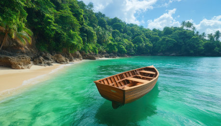 Escape to a tropical paradise where pristine island beaches meet towering cliffs and lush greenery Golden sands beckon for an unforgettable summer adventure amidst breathtaking scenery Discover pure relaxation and natural beauty in this idyllic escape AI Generativeの素材