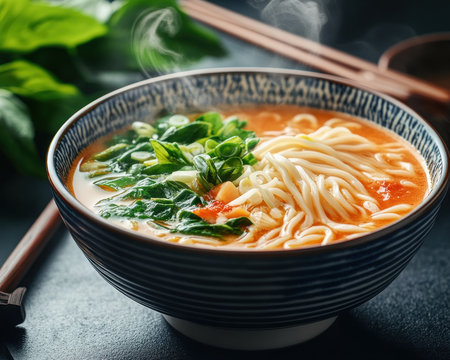 Immerse yourself in the rich depths of ramen broth Witness the captivating steam, a prelude to intense flavors Every spoonful delivers an authentic experience, a journey for your senses Discover the true essence of ramen today AI Generativeの素材