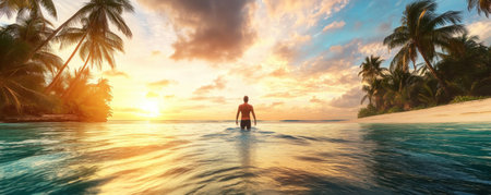 Escape to paradise with this breathtaking sunset scene: coconut tree silhouettes reflecting on a calm lagoon, as a figure wades into the serene sea Perfect for travel inspiration and nature lovers, this image captures the essence of blissful relaxation where the warm horizon meets the ocean AI Generativeの素材