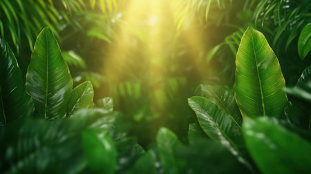 Escape to a tranquil tropical paradise with swaying coconut trees and a vibrant sunset This serene image evokes peace, perfect for backgrounds, travel blogs, or nature websites Golden sunlight filters through leaves, creating a magical atmosphere ideal for digital marketing, travel, or relaxation material Enjoy this calming scene AI Generativeの素材