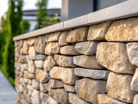 Witness skilled masonry maintenance in progress This image reveals detailed plastering, meticulous care, and precision in an outdoor stone structure Explore the artful techniques employed to achieve both beauty and functionality A must-see for those appreciating the craftsmanship of stone and plaster work AI Generativeの素材