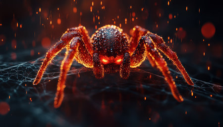 Step into a spooky Halloween realm with this eerie cobweb invitation A glowing-eyed spider crawls on a detailed web, inviting you to a dark party focused on chilling cobwebs This scene perfectly blends creepy and festive, ideal for Halloween with its frightening spider and thematic cobweb AI Generativeの素材