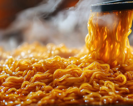Dive into a world of flavor with this close-up of steaming ramen broth Rich and savory, each strand is meticulously coated Witness the rising steam, a sign of fresh, authentic taste Explore the details of culinary perfection in this delectable display AI Generativeの素材