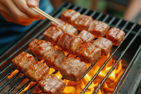 Savor the intense flavors of street food in this high-quality close-up Witness vibrant colors and sizzling textures as delicious food grills over an open flame This mouthwatering shot captures the essence of grilled perfection and the cooking process, making it a true visual feast AI Generativeの素材