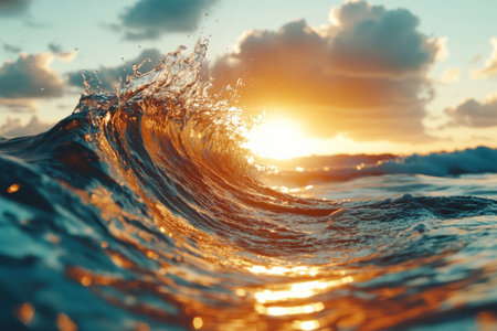 Witness nature's artistry: sunset hues melt into ocean waves, coconut palms creating striking silhouettes Golden light dances on the water, a serene seascape Vibrant colors clash with the crashing waves' power Warm tones fill the sky, inviting relaxation and contemplation in this dynamic, tranquil scene AI Generativeの素材