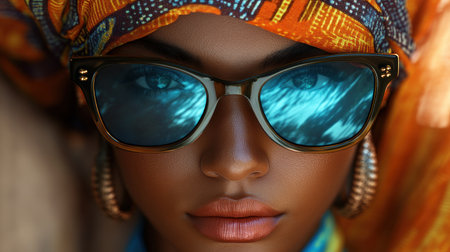 Radiate summer joy with bold, colorful fashion and oversized sunglasses Embrace a playful, confident vibe with bright accessories like headwraps and gold hoops Reflective lenses complete this stylish look, perfect for those who value individuality and self-expression Discover how vibrant touches can elevate any outfit AI Generativeの素材