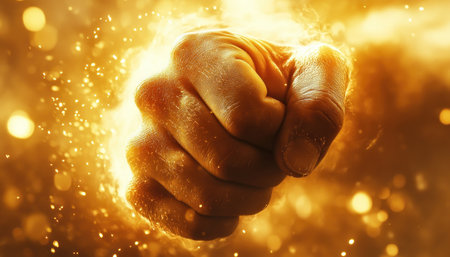 A fist explodes with energy, symbolizing a powerful start Radiating strength and determination, it captures the essence of a bold beginning This dynamic image showcases vigor, ready to face challenges and achieve greatness A testament to potential and capability, it embodies sheer force and impact AI Generativeの素材