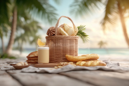 Escape to a romantic tropical haven Imagine a sunset picnic beneath swaying palms, a serene coastline as your backdrop Savor fresh bread and juices as warm hues paint the sky, blending with golden sands This idyllic moment embodies a perfect getaway a peaceful blend of nature and indulgence AI Generativeの素材