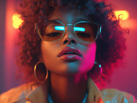 Dive into a vibrant fashion portrait bursting with joyful, carefree energy Bold, clashing colors illuminate a stylish individual in oversized sunglasses and gold hoops Dynamic lighting and a captivating palette enhance this playful and memorable shoot, exploring fashion's creative and exciting side Experience a visual spectacle! AI Generativeの素材