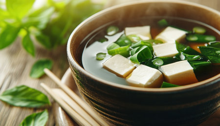 Immerse yourself in authentic Japanese culinary tradition with this close-up of a savory broth Delicate seaweed and silken tofu float serenely in the warm, inviting soup The light playfully dances, highlighting the fresh ingredients in this simple, yet flavorful, traditional offering Experience a taste of Japan AI Generativeの素材
