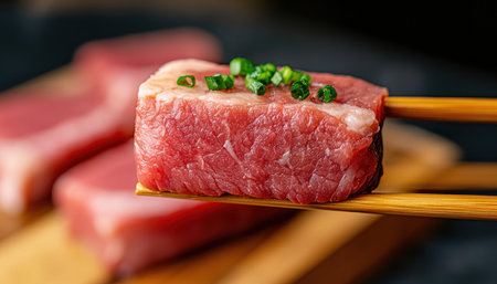 Indulge in a culinary close-up See tender meat, a masterpiece poised to delight, held delicately by chopsticks Witness the delicious dance as it nears the mouth, a moment of pure savoring Experience the artful presentation, a testament to exquisite flavor, ready for enjoyment AI Generativeの素材