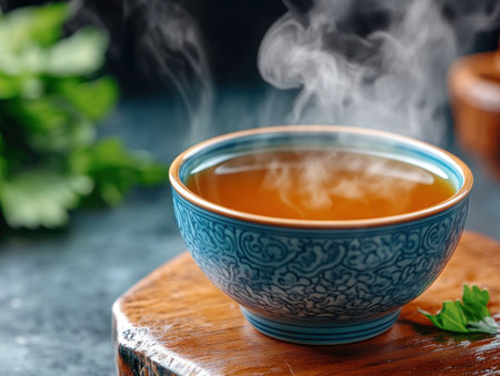 Immerse yourself in Japanese comfort with this close-up of steaming, savory broth in a lacquered bowl Delicate steam dances, inviting you to taste rich, authentic flavors This traditional dish embodies the essence of Japan, a perfectly prepared bowl of delicious soup captured in a stunning close-up AI Generativeの素材
