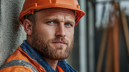 Observe a focused construction worker meticulously applying plaster His orange hard hat and jacket contrast with his striking blue eyes The smooth finish reveals his craftsmanship and dedication His precise plaster application and skilled technique highlight the quality-driven environment of the broader building project AI Generativeの素材