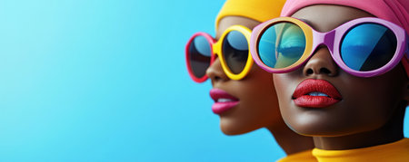 Embrace youthful vibrancy with this image of two individuals sporting bold accessories like colorful headwear and oversized sunglasses against a striking blue backdrop This dynamic photo embodies confidence and joy through its bright colors and fashionable elements, offering a glimpse into the latest trends Find inspiration in this statement piece AI Generativeの素材