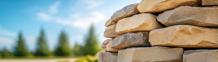 Witness the artistry of masonry with plastering, creating smooth, lasting structures This view captures expertly laid stones, revealing precision in a timeless craft The rock's texture against the sky offers an intriguing study of outdoor construction, showcasing how buildings integrate with nature AI Generativeの素材