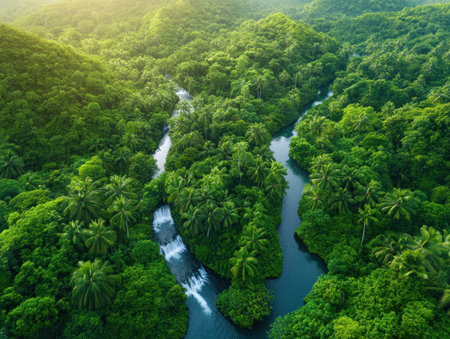 Soar above a surreal tropical rainforest of giant palms and cascading waterfalls Lush greenery, winding rivers, and an enchanting landscape unfold This aerial view captures untouched nature's beauty and serenity, showcasing vibrant foliage and soothing water flow in a vast, unique paradise AI Generativeの素材