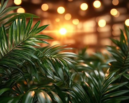 Bathed in the warm glow of sunset, palm fronds shimmer, casting long, golden shadows This scene embodies serene tropical beauty, a perfect backdrop for relaxation and meditation Its calming ambiance invites you to immerse yourself in blissful, scenic delights AI Generativeの素材