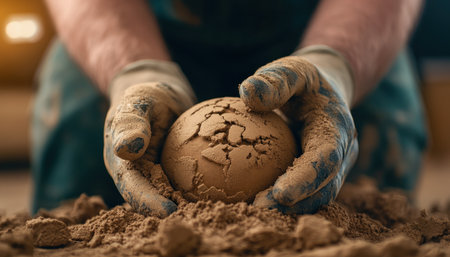 Witness the dedication of handwork as a spherical clay form takes shape Feel the texture beneath the artist's hands, meticulously plastering with a trowel Experience the raw beauty of construction, a testament to detailed manual labor, where each step reveals an artist's focus and commitment to building, carefully plastering walls AI Generativeの素材