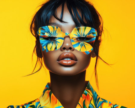 Radiating happiness, this image showcases a confident woman embracing vibrant floral fashion Bold colors and expressive patterns create a dynamic, trendsetting look Unique eyewear adds flair to the uplifting aesthetic Perfect for design, style, and creative projects, this visual offers fashion inspiration and positive energy AI Generativeの素材