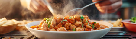 A street food vendor expertly infuses a simmering broth with bold spices This close-up view captures the flavorful process, a culinary journey unfolding on the streets The scene promises a spicy, aromatic, and mouthwatering experience for any food lover AI Generativeの素材