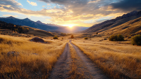 Bathed in golden hour's glow, a dirt path meanders through sun-kissed grasses towards distant mountains The sky, a vast canvas of layered blues, merges seamlessly with the horizon as the sun sets This scenic view captures a tranquil dusk, a journey of endless inspiration and natural beauty AI Generativeの素材