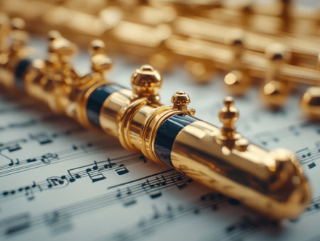 A golden flute gleams atop sheet music, a beacon of musical creation Brass wind details highlight orchestral elegance and precision This image captures the flow of melody and harmony, contrasting polished surfaces with detailed construction Inspiration and fine arts converge in this study of composition, frozen in a timeless frame AI Generativeの素材