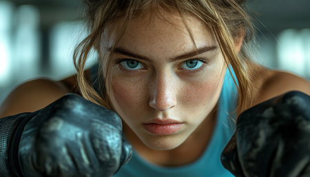 A close-up captures the intensity before training A confident pose and determined gaze signal the start of rigorous physical preparation This portrait highlights discipline, focus, and commitment, showcasing the essence of a challenge about to begin It's the initial pose of readiness, poised for action AI Generativeの素材