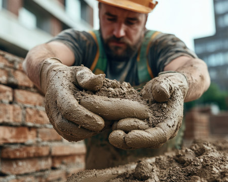 This image highlights the artistry of outdoor plastering A skilled laborer's hands meticulously apply plaster, showcasing their dedication and craftsmanship Trowels and tools become extensions of their focus as they create durable, beautiful surfaces The essential construction process is brought to life AI Generativeの素材