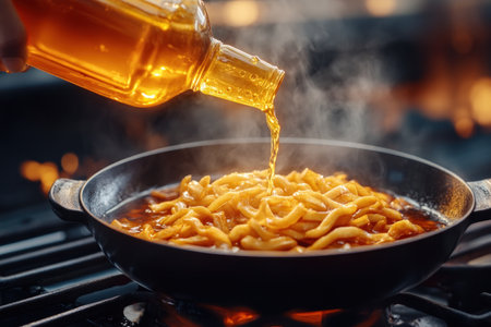 Experience street food artistry in this close-up shot See a vendor expertly pour rich, steaming broth into a bowl, capturing the essence of flavor The rising steam hints at the dish's warmth and depth, inviting you to savor this culinary moment AI Generativeの素材