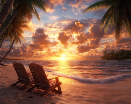 A golden sunset bathes coconut palms along a tranquil ocean, creating a breathtaking tropical paradise This serene scene offers the perfect backdrop for relaxation and dreamy sunset views Ideal for serenity seekers, it promises a moment of peaceful bliss amid warm light and gentle waves AI Generativeの素材