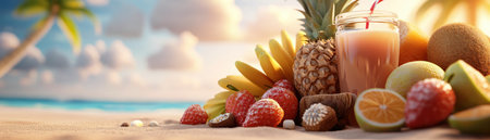 Immerse yourself in summer bliss at our vibrant beachfront market! Explore colorful stalls brimming with fresh tropical fruits and unique island finds Discover local culture while enjoying the sea breeze It's a blissful escape with delightful treats and an outdoor paradise vibe AI Generativeの素材