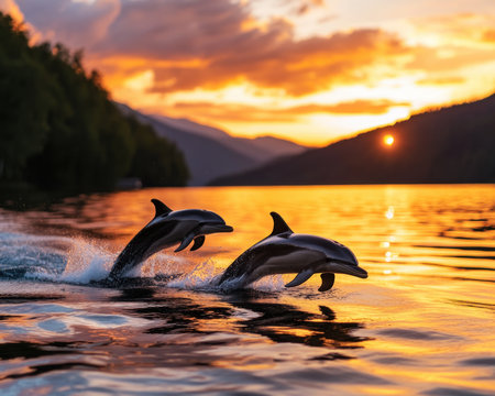 Escape to a tropical paradise with a sunset cruise Watch dolphins playfully silhouette against the vibrant sky Bask in the Summer Vibes Scenery as the water sparkles and the heavens ignite This travel dream offers unforgettable, serene moments where nature's beauty truly shines It's a travel gem to cherish AI Generativeの素材