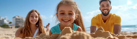 A sun-drenched beach day unfolds as a family crafts sandcastles, their laughter echoing summer joy This image captures the essence of family summer adventures, showcasing a sweet vacation moment Kids smiles radiate pure happiness as they build, a perfect blend of sunny days, the beach, and cherished family memories AI Generativeの素材