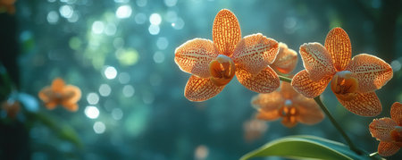 Immerse yourself in a vibrant jungle where colorful orchids bloom on winding vines Witness their delicate beauty contrasting against lush greenery These rare flowers are nature's artistic marvel, offering a glimpse into a botanical paradise Discover the magic of vibrant jungle hues today AI Generativeの素材