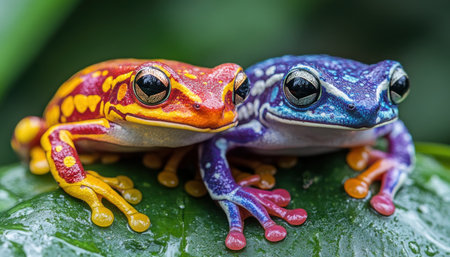 Vibrant frogs rest on lush leaves in an exotic forest, a hidden wildlife spectacle Intricate patterns and captivating colors showcase nature's artistry These photos capture a magical moment amidst dense foliage, highlighting the charm of these colorful rainforest amphibians AI Generativeの素材