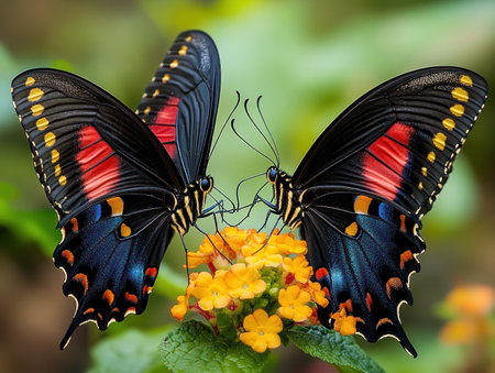 Immerse yourself in an exotic tropical forest where vibrant butterflies flutter amongst jungle blooms Witness their delicate dance, a spectacle of nature's artistry Colorful wings capture the magic of tropical wildlife in this breathtaking scene of natural beauty Experience the essence of delicate life unfolding before your eyes AI Generativeの素材