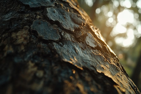 This macro image unveils the intricate beauty of tropical bark Rough textures and organic shapes are showcased in stunning detail, revealing the forest's natural artwork Sunlight captivates, highlighting the wood's patterns and depths A close-up exploration into nature's incredible artistry AI Generativeの素材