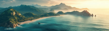 Soar above turquoise waters dotted with lush, tropical islands This aerial view captures the essence of paradise, offering ultimate vacation vibes Experience tranquility as you gaze upon vibrant greenery embraced by the calming ocean A perfect escape to nature's beauty, this dreamscape invites serenity AI Generativeの素材