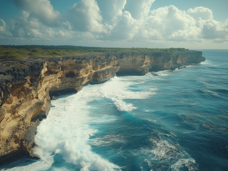 Witness dramatic tropical cliffs where ocean waves crash under a cloudy sky This wild serenity creates the perfect vacation mood Powerful waves meet rugged cliffs in a breathtaking display of nature, ideal for inspiring backdrops, travel guides, or a sense of escape and adventure AI Generativeの素材
