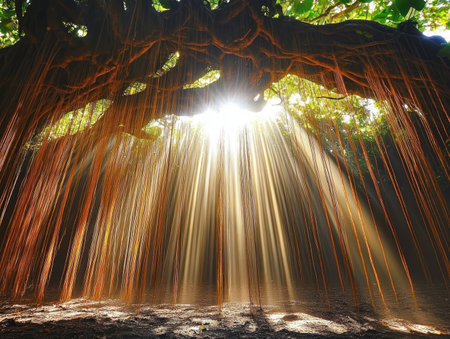 Sunlit vines cascade from majestic branches, creating a mystical ambiance in this exotic forest Pristine details showcase unspoiled nature Light dances through the foliage, highlighting delicate vines and rich textures of the canopy Explore this captivating, tranquil scene and discover nature's beauty AI Generativeの素材