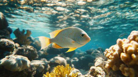 Dive into a crystal-clear ocean teeming with tropical fish and vibrant coral reefs Discover the beauty of marine life in its natural habitat, a stunning underwater display of color and form This serene scene evokes the perfect tropical getaway, inviting you to experience its enchanting magic today AI Generativeの素材